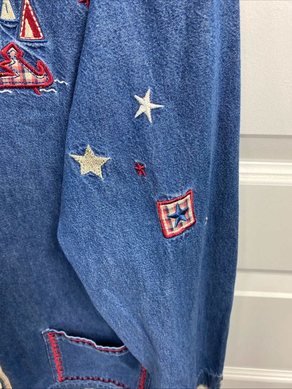 Vintage Denim Embroidered Jacket Camping Button Blue Cottagecore Gorpcore Large - Picture 9 of 10